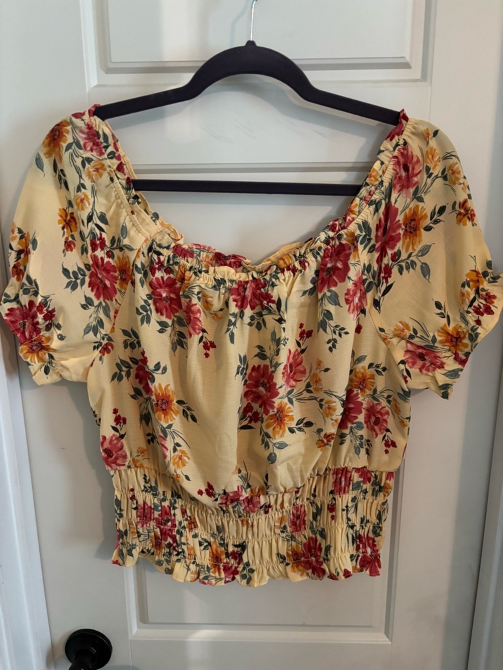 Floral Smocked Off-Shoulder Crop Top - Yellow Floral